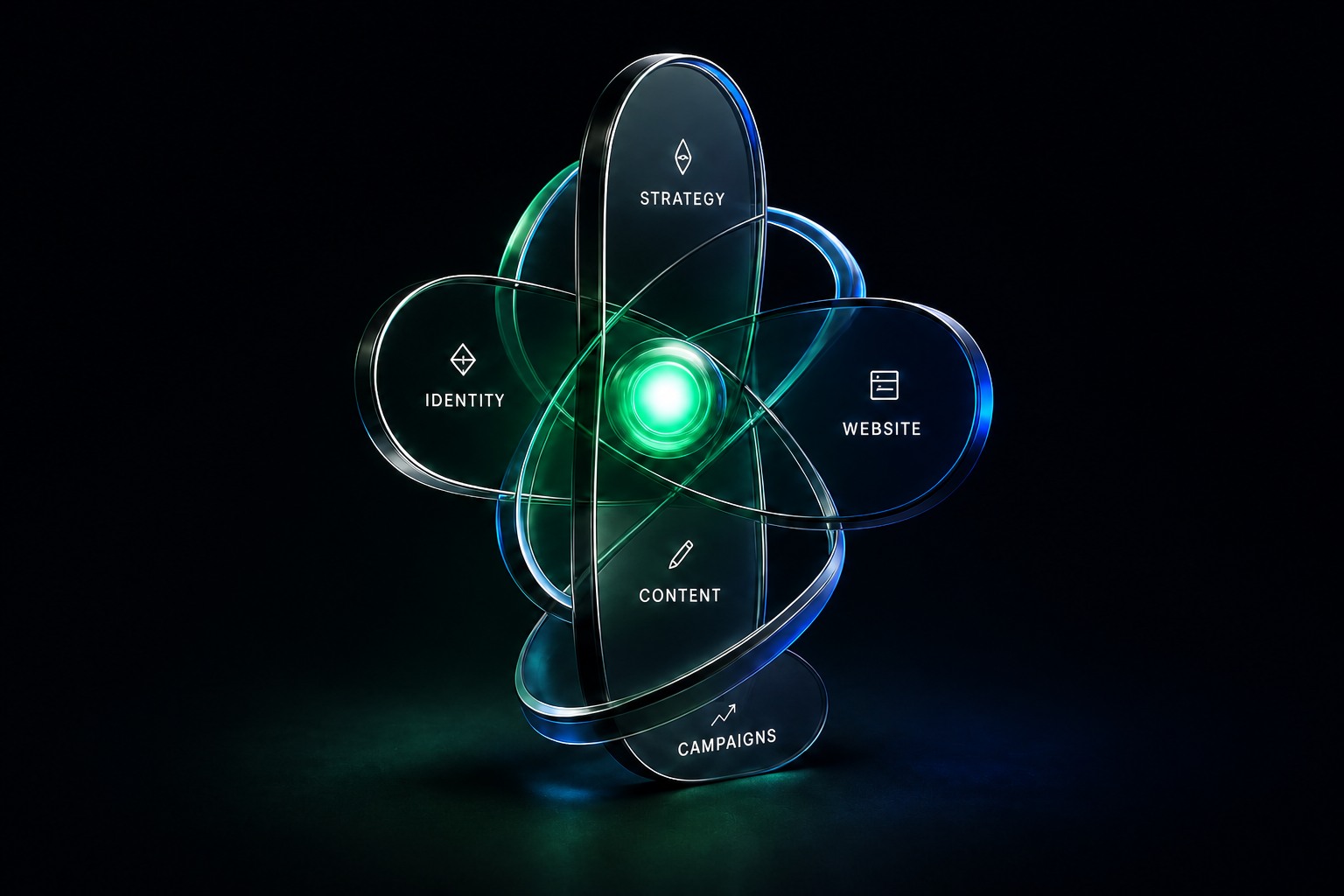 Five connected glass forms labelled Strategy, Identity, Website, Content, and Campaigns around a glowing green core